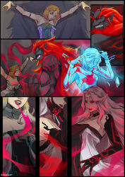 Rule 34 | absurdres, arm tattoo, aviara, bare shoulders, black lips, black sclera, black skin, body markings, colored sclera, colored skin, corruption, dark persona, dress, ganondorf, glowing markings, grey hair, highres, long hair, malice (zelda), nintendo, pointy ears, possessed, princess zelda, red eyes, red hair, red tattoo, restrained, spirit, tattoo, the legend of zelda, the legend of zelda: tears of the kingdom, transformation, very long hair, white dress