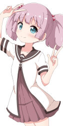 1girl aikawa_ryou arm_up black_sailor_collar blue_eyes blush brown_dress closed_mouth commentary_request double_v dress hair_bobbles hair_ornament hand_up highres looking_at_viewer pink_hair pleated_dress puffy_short_sleeves puffy_sleeves sailor_collar short_sleeves simple_background smile solo twintails v white_background white_dress yoshikawa_chinatsu yuru_yuri