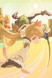 Rule 34 | 1girl, alice thymefield, animal ears, black gloves, black pantyhose, blonde hair, fingerless gloves, gloves, green skirt, hair ornament, heterochromia, highres, holding, holding sword, holding weapon, jumping, long hair, looking ahead, nooo, pantyhose, pleated skirt, pom pom (clothes), pom pom hair ornament, rabbit tail, rapier, shirt, skirt, sword, tail, twintails, weapon, white shirt, zenless zone zero