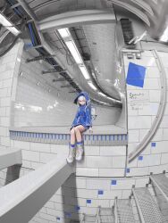 1girl airfish_(lefko_d) backpack bag blue_skirt boots cable fisheye highres hood hood_up legs_together long_sleeves original reflective_wall sitting sitting_on_edge sitting_on_wall skirt solo stairs stairway tile_wall tiles tunnel white_boots white_hair wide_shot writing_on_wall