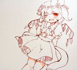 Rule 34 | 1girl, ascot, blush, collared shirt, commentary request, crystal, crystal wings, flandre scarlet, frilled shirt collar, frills, greyscale, hat, looking at viewer, medium hair, mob cap, monochrome, one-hour drawing challenge, one side up, open mouth, puffy short sleeves, puffy sleeves, red eyes, rubbing eyes, shiro tsugumi, shirt, short sleeves, skirt, solo, spot color, touhou, traditional media, unfinished, vest, wings, wrist cuffs