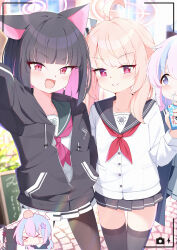 &gt;_&lt; ahoge animal_ears black_hair black_jacket black_pantyhose black_thighhighs blue_archive cardigan cat_ears drinking_straw hair_ornament halo head_bump highres hood jacket kazusa_(blue_archive) multicolored_hair multiple_girls natsu_(blue_archive) neckerchief painter-lhb pantyhose pink_hair pleated_skirt red_eyes red_neckerchief reisa_(blue_archive) sailor_collar school_uniform short_hair skirt smile thighhighs white_cardigan