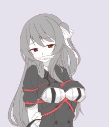 1girl arms_behind_back assault_lily bdsm bound bound_breasts bound_torso breasts buttons capelet cloth_gag gag gagged grey_background greyscale gumoyu hair_ribbon heterochromia high-waist_skirt improvised_gag kuo_shenlin long_hair medium_breasts monochrome neck_ribbon one_side_up pink_eyes raised_eyebrows ribbon school_uniform shibari shibari_over_clothes shirt sidelocks simple_background skirt solo spot_color suspender_skirt suspenders upper_body yellow_eyes yurigaoka_girls_academy_school_uniform