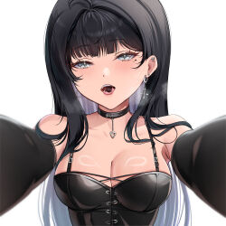 Rule 34 | 1girl, ahoge, black choker, black hair, black sleeves, breasts, chocolate, choker, collarbone, detached sleeves, earrings, eyelashes, facial mark, food in mouth, grey eyes, heart, heart facial mark, highres, jewelry, long hair, open mouth, original, safety pin, saliva, solo, twitter username, upper body, white background, wonnikon