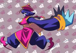 1girl arms_behind_back blush_stickers breasts chinese_clothes claw_(weapon) cleavage cleavage_cutout clothing_cutout colored_skin darkstalkers dress hat highres hsien-ko jiangshi large_breasts ofuda orange_eyes pink_shoes purple_dress purple_hair purple_skin qingdai_guanmao running sash shoes short_hair solo weapon yaki_usagi