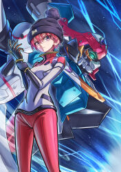 1girl absurdres amate_yuzuriha beanie black_hat breasts closed_mouth commentary_request eyelashes ganbariiiyo gquuuuuux gundam gundam_gquuuuuux hat highres mecha mecha_pilot_suit normal_suit_(gundam) pants print_hat red_hair red_pants robot short_hair small_breasts solo v-shaped_eyebrows