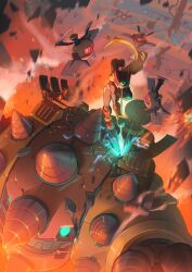 1boy absurdres armor attack battle_damage blonde_hair bodystocking boots codpiece drill energy_spear fighting forehead_jewel gauntlets green_eyes helmet highres hittite_hottaid_(mega_man) mega_man_(series) mega_man_zero_(series) mega_man_zero_1 military_vehicle motor_vehicle ponytail tank tanziya_(codlxcold) zero(z)_(mega_man) zero_(mega_man)