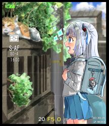 1girl alternate_costume backpack bag battery_indicator black_border bloop_(gawr_gura) blue_eyes blue_hair blue_sailor_collar blue_skirt blunt_bangs border cat commentary dai_roku_ten_mao day from_side gawr_gura highres holding_strap hololive hololive_english multicolored_hair open_mouth outdoors pleated_skirt profile randoseru sailor_collar school_uniform serafuku sharp_teeth skirt solo streaked_hair teeth two-tone_hair two_side_up viewfinder virtual_youtuber white_hair