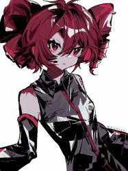 1girl antenna_hair armpit_crease black_sleeves breast_pocket buttons closed_mouth collared_shirt commentary detached_sleeves drill_hair hair_between_eyes headphones highres kasane_teto kasane_teto_(utau) looking_at_viewer microphone mooneki pocket red_eyes red_hair shirt simple_background sleeveless sleeveless_shirt solo twin_drills upper_body utau white_background wing_collar