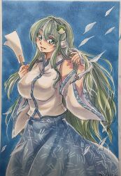 1girl bare_shoulders blue_skirt blush border breasts collared_shirt detached_sleeves double-parted_bangs frog_hair_ornament gohei green_eyes green_hair hair_ornament hair_tubes highres holding holding_gohei kochiya_sanae large_breasts long_hair long_sleeves looking_at_viewer marker_(medium) midriff_peek mitsu~ navel open_mouth patterned_clothing print_skirt shirt signature single_hair_tube single_sidelock skirt skirt_set sleeveless sleeveless_shirt smile snake_hair_ornament solo teeth touhou traditional_media very_long_hair wide_sleeves wing_collar