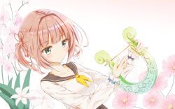 1girl breasts christine_ketoura flower green_eyes instrument iris_mysteria! looking_at_another lyre pink_hair school_uniform short_twintails twintails upper_body