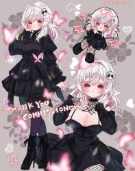 1girl black_dress blush breasts bug butterfly chibi cleavage commission dress fishnets hair_ornament heart highres insect junior_(namatamemisa) large_breasts looking_at_viewer multiple_views original pantyhose red_eyes skeb_commission virtual_youtuber white_hair wings