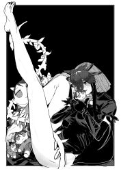 1girl black_background black_dress black_gloves blush breasts dress elbow_gloves fumo_(doll) gloves headdress highres holding holding_stuffed_toy itou_(golem_inc) kiss large_breasts leg_up legs monochrome nail_polish nippaku_zanmu shirt short_sleeves shorts stuffed_toy thighs touhou veil yomotsu_hisami
