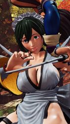 2girls 3d ass black_hair black_leotard breasts curvy fighting grabbing_from_behind highres holding holding_weapon indoors iroha_(samurai_spirits) jumping large_breasts leotard maid maid_headdress multiple_girls ryona samurai_spirits screencap shiki_(samurai_spirits) shiny_skin short_hair sideboob skindentation surprised thick_eyebrows thighs third-party_edit weapon wide_hips