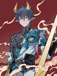 Rule 34 | 1boy, armor, asymmetrical clothes, baijin1203, belt, black belt, black gloves, black hair, black shirt, dan heng (honkai: star rail), double-parted bangs, dragon horns, eyeliner, gloves, green eyes, hair between eyes, highres, honkai: star rail, honkai (series), horns, long pointy ears, long sleeves, looking at viewer, makeup, male focus, parted lips, pauldrons, pointy ears, red background, red eyeliner, shirt, shoulder armor, single pauldron, smoke, solo, yellow horns