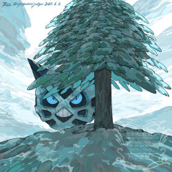 Rule 34 | blue eyes, clenched teeth, dated, gen 3 pokemon, glalie, highres, nintendo, no humans, outdoors, oyasuminjyutsu, pokemon, pokemon (creature), pokemon focus, signature, solo, teeth, tree, twitter username, watermark