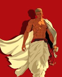 Rule 34 | 1boy, abs, absurdres, alternate costume, bara, bare pectorals, closed eyes, feet out of frame, green hair, groin, highres, indian clothes, large pectorals, male focus, muscular, muscular male, navel, nipples, one piece, pectorals, prenkuchan, red background, roronoa zoro, scar, scar on face, short hair, standing