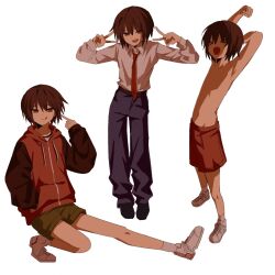 Rule 34 | 1boy, arms up, brown eyes, brown hair, closed eyes, collared shirt, debakshotgun0, fang, full body, green shorts, gwak jun-hyeong, hair between eyes, hand in pocket, highres, hood, hood down, hoodie, long sleeves, looking at viewer, multiple views, necktie, open mouth, pants, red necktie, red shorts, shirt, shoes, short hair, shorts, simple background, smile, sneakers, socks, standing, stretching, tongue, tongue out, topless male, v, white background, white socks, zombie high school