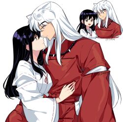 1boy 1girl animal_ears bead_necklace beads black_hair breasts brown_eyes couple dog_boy dog_ears hair_between_eyes hand_on_another&#039;s_chest hetero highres higurashi_kagome inuyasha inuyasha_(character) japanese_clothes jewelry long_hair medium_breasts miko necklace open_mouth parted_lips sidelocks smile tiroma tooth_necklace twitter_username upper_body white_background white_hair