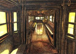 Rule 34 | absurdres, day, hand grip, highres, ibsukionsen, indoors, interior, no humans, original, painting (medium), scenery, shadow, sunlight, traditional media, train, train interior, window