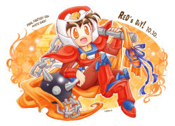 Rule 34 | !, 1boy, armor, armored boots, artist name, ball and chain (weapon), boots, brown hair, chain, character name, copyright name, final fantasy, final fantasy mystic quest, flail, helmet, male focus, morning star, open mouth, orange eyes, red (ffmq), simple background, sitting, solo, tmbsrky, weapon, white background