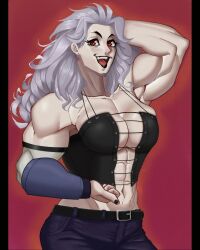 1girl 2023 :d abs arm_behind_head belt black_belt black_corset black_lips black_nails blue_pants breasts center_opening clenched_hands collarbone commentary corset cropped_legs curly_hair desn dorohedoro earrings english_commentary female_focus gradient_background happy highres jewelry large_breasts long_hair looking_at_viewer muscular muscular_arms muscular_female noi_(dorohedoro) open_mouth pants parted_bangs patterned_background purple_background red_eyes smile solo white_hair