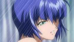 00s 1girl animated anime_screenshot ass blue_hair breasts female_focus green_eyes highres ikkitousen ikkitousen_dragon_destiny indoors interior large_breasts navel nude ryomou_shimei showering sound tagme video wet wince