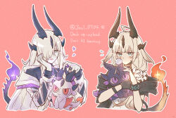 2girls absurdres animalization arknights black_gloves blonde_hair blush commentary_request cropped_torso dragon_horns fire flame-tipped_tail flower gloves green_eyes hair_over_one_eye head_rest heart highres holding holding_stuffed_toy horns infection_monitor_(arknights) jewelry joul_0704 lily_(flower) multiple_girls multiple_horns necrass_(arknights) outline person_and_animalization pink_background purple_fire reed_(arknights) reed_the_flame_shadow_(arknights) ring siblings simple_background sisters stuffed_animal stuffed_dragon stuffed_toy tail twitter_username white_flower white_outline