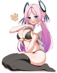 Rule 34 | 1girl, absurdres, black bra, black thighhighs, blue eyes, blush, bra, breasts, citlali (genshin impact), cleavage, clothes lift, commentary request, full body, genshin impact, highres, large breasts, long hair, looking at viewer, multicolored hair, navel, open mouth, pia (botamochinjufu), pink hair, pink pupils, purple hair, seiza, seza, shirt, shirt lift, simple background, sitting, solo, stomach, sweat, thighhighs, underwear, very long hair, white background, white shirt