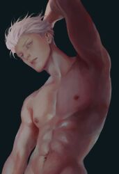 Rule 34 | 1boy, 3aem, abs, arm behind head, black background, blue eyes, closed mouth, collarbone, gojou satoru, highres, jujutsu kaisen, lips, male focus, navel, nipples, nose, nude, pectorals, short hair, simple background, solo, teeth, toned, toned male, upper body, white hair