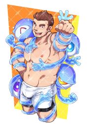 1boy abs bara brown_hair bulge clenched_hand commission facial_hair facial_scar goatee highres incoming_fist_bump large_pectorals leggings_under_shorts looking_at_viewer male_focus muscular muscular_male navel nipples pectorals sample_watermark sanpaku scar scar_on_cheek scar_on_face shi_(pixiv_24993110) short_hair skeb_commission solo sparkling_sweat spiked_hair spirit standing stomach stubble sweat tamamura_gunzo thick_eyebrows tokyo_houkago_summoners topless_male watermark