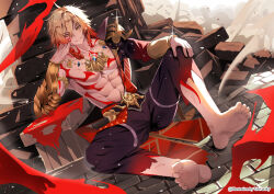 1boy abs absurdres arm_tattoo armlet armor bare_pectorals barefoot black_coat black_pants blonde_hair braid chest_tattoo coat commentary earrings facial_tattoo gold_earrings gold_necklace gradient_hair hair_between_eyes highres honkai:_star_rail honkai_(series) injury jewelry male_focus medium_hair multicolored_hair mydei_(honkai:_star_rail) navel necklace open_clothes open_coat pants pauldrons pectorals red_hair red_tattoo shoulder_armor side_braid single_pauldron solo tattoo toned toned_male torn_clothes torn_pants universkyyy yellow_eyes
