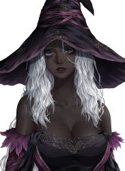 1girl absurdres artelsia bare_shoulders black_dress black_skin breasts cleavage colored_skin dark-skinned_female dark_skin dress elden_ring elden_ring_nightreign hat hat_over_eyes highres huge_breasts large_breasts large_hat long_hair looking_at_viewer purple_hat recluse_(elden_ring) simple_background solo very_dark_skin white_hair witch witch_hat