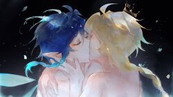 2boys aether_(genshin_impact) ahoge aqua_hair back black_background blonde_hair blue_hair braid closed_eyes collarbone crown detached_wings fingernails floating_hair french_kiss genshin_impact gradient_hair hair_between_eyes hand_on_another&#039;s_shoulder highres jiu7xin kiss long_hair male_focus mini_crown multicolored_hair multiple_boys pointy_ears short_hair simple_background twin_braids upper_body venti_(genshin_impact) wings yaoi