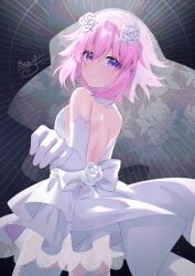 1girl artist_name bare_shoulders binato_lulu bridal_veil commentary dress elbow_gloves floral_print flower gloves hair_flower hair_ornament highres looking_at_viewer neptune_(neptunia) neptune_(series) purple_eyes purple_hair short_hair smile solo veil wedding_dress white_dress white_flower