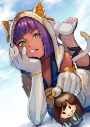 1girl ahoge alternate_costume animal_ears animal_hands animal_hood ankle_lace-up bare_shoulders bell black_eyes blue_bow blue_skirt blue_sky blunt_bangs blunt_ends bob_cut bow bracelet brown_hair cat_ears cat_hood cat_paws cat_tail chest_bow claws cloud cloudy_sky collarbone commentary crossed_legs dark-skinned_female dark_skin day dress earrings elbow_gloves eyelashes eyeliner fake_animal_ears fake_tail feet_up figure gloves gold_armlet gold_bracelet gold_claws gold_earrings gold_trim green_eyes green_jacket hand_on_own_chin head_rest hinoru_saikusa hood hood_up hoop_earrings jacket jewelry jingle_bell lips long_hair looking_at_viewer lying makeup menat motion_lines nose off-shoulder_dress off_shoulder official_alternate_costume on_stomach open_mouth outdoors paw_gloves paw_print_soles purple_eyeliner purple_hair sandals seiza shirt short_dress short_hair sitting skirt sky solo street_fighter street_fighter_v tail tail_ornament tail_ring teeth the_pose white_dress white_gloves white_hood white_sandals white_shirt white_tail