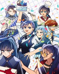 6+girls ado_(utaite) animal_ears black_hair black_shirt blue_eyes blue_hair blue_jacket blue_pants blue_vest bra cat_ears chando_(ado) chef_hat chicken_(food) commentary confetti food fork gift gira-gira-chan_(ado) gira_gira hat highres holding holding_fork implied_yuri jacket long_hair merry_(ado) mole mole_under_eye multiple_girls naima_(ado) neckerchief odo-chan_(ado) odo_(song) open_mouth pants party_popper pike_(azas_ef) ponytail readymade_(ado) red_neckerchief rule-chan_(ado) rule_(ado) shirt sun sweatdrop tinted_eyewear twintails underwear usseewa utaite vest white-framed_eyewear white_shirt yellow-tinted_eyewear