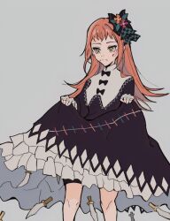1girl bandaged_arm bandages black_bow black_bowtie black_dress bow bowtie dress eyeliner facial_mark fire_emblem fire_emblem_engage highres makeup nintendo oda32t orange_hair panette_(fire_emblem) red_eyeliner short_bangs solo stitched_mouth stitches yellow_eyes