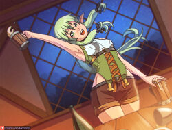 1girl alcohol armpits beer beer_mug breasts brown_shorts corset cup elf goblin_slayer! green_corset green_eyes green_hair high_elf_archer_(goblin_slayer!) holding holding_cup indoors kagato007 long_hair mug night night_sky open_mouth patreon_username pointy_ears short_shorts shorts sky small_breasts solo table tavern thighs window