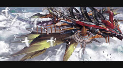 Rule 34 | aircraft, bird, blurry, blurry foreground, chinese commentary, cloud, commentary request, flock, flying, highres, letterboxed, machinery, motion blur, no humans, pixiv fantasia, pixiv fantasia t, too many, too many birds, vehicle focus, water eight, white bird