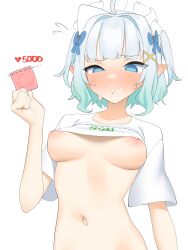 1girl @_@ absurdres ahoge blue_bow blue_eyes blush bow breasts commentary condom condom_wrapper cut-here_line english_commentary gradient_hair green_hair grey_hair grin hair_bow hair_ornament highres holding holding_condom indie_virtual_youtuber kijikoru maid_headdress medium_breasts mint_fantome multicolored_hair navel nipples pointy_ears shirt short_hair short_sleeves simple_background smile solo stomach twitter_cutting_game upper_body white_background white_shirt x_hair_ornament