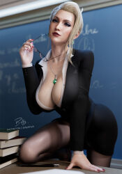 1girl 3d alternate_costume alternate_universe billyhhyb blonde_hair blurry blurry_background book breasts chalkboard desk final_fantasy final_fantasy_vii final_fantasy_vii_remake highres holding holding_removed_eyewear jewelry knee_up large_breasts mature_female nail_polish necklace on_table open_collar pantyhose partially_unbuttoned scarlet_(ff7) solo table teacher unworn_eyewear