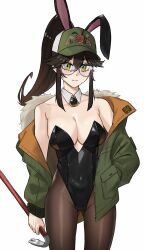 1girl absurdres animal_ears armpit_crease bare_shoulders baseball_cap blush breasts brown_hair cleavage coat covered_navel cowboy_shot crowbar detached_collar expressionless fake_animal_ears fur-trimmed_coat fur_trim glasses gluteal_fold green_coat green_eyes hair_between_eyes hand_in_pocket hat high_ponytail highres holding holding_crowbar indie_virtual_youtuber kamper_(kara_wilderwood) kara_wilderwood large_breasts leotard linea_alba looking_at_viewer off_shoulder playboy_bunny ponytail rabbit_ears reze_(rewindze) simple_background solo virtual_youtuber white_background