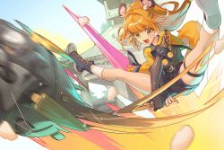 1girl animal_ears black_gloves black_shirt black_shoes black_shorts blonde_hair cropped_jacket elbow_gloves fingerless_gloves gloves green_eyes hu_wei_(zenless_zone_zero) jacket ju_fufu multicolored_hair nooo open_mouth shirt shoes shorts smile socks solo tail thigh_strap tiger_ears tiger_girl tiger_tail two-tone_hair white_hair white_socks yellow_jacket zenless_zone_zero