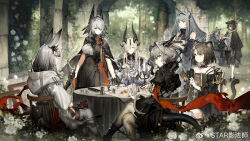 animal_ears arknights black_dress black_gloves board_game candle candlelight candlestand chess cup dice dress necrass_(arknights) feather_hair_ornament feathers frostnova_(arknights) gloves golding_(arknights) grey_hair hair_ornament hat highres holding holding_dice horns koshelna_(arknights) long_hair looking_back mandragora_(arknights) multiple_girls poker starshadowmagician tail talulah_(arknights) teacup teapot