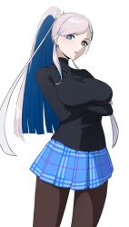 Rule 34 | 1girl, absurdres, black pantyhose, black sweater, blue skirt, breasts, bright pupils, commentary, commission, cosplay, cowboy shot, crossed arms, daydarion, english commentary, green eyes, grey hair, high ponytail, highres, hololive, hololive indonesia, jewelry, large breasts, long sleeves, mitsurugi meiya, mitsurugi meiya (cosplay), muv-luv, necklace, pantyhose, pavolia reine, plaid clothes, plaid skirt, pleated skirt, ponytail, simple background, skirt, solo, sweater, turtleneck, turtleneck sweater, virtual youtuber, white background, white pupils