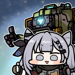 1girl black_ribbon blue_eyes blush braid bt-7274 cone_hair_bun cosplay embers fingerless_gloves gloves glowing glowing_eye grey_eyes grey_gloves hair_behind_ear hair_bun hair_ribbon hololive hololive_indonesia jack_cooper jack_cooper_(cosplay) jazz_jack lowres mecha no_pupils one-eyed open_mouth ribbon robot smile thumbs_up titan_(titanfall) titanfall_(series) titanfall_2 twintails v-shaped_eyebrows vestia_zeta virtual_youtuber