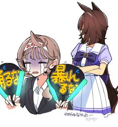 Rule 34 | 2girls, = =, ahoge, animal ears, black jacket, bow, bowtie, brown hair, closed eyes, crossed arms, crying, female trainer (umamusume), gloom (expression), glowstick, hand fan, headband, highres, holding, holding fan, holding glowstick, horse ears, horse girl, horse tail, jacket, long hair, motion lines, multiple girls, oshi-katsu, paper fan, penlight (glowstick), purple shirt, raised eyebrows, sailor collar, school uniform, shirohashi akari (toji (y2toj2)), shirt, sirius symboli (umamusume), skirt, streaming tears, tail, tears, toji (y2toj2), tracen school uniform, trainer (umamusume), twitter username, uchiwa, umamusume, water, watermark, white shirt, white skirt