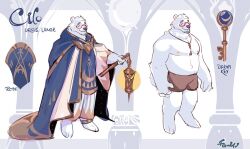 1boy bara bear bear_boy blue_robe cilohnoino closed_eyes english_text facial_hair furry furry_male glasses goatee holding holding_lantern jewelry key key_necklace lantern male_focus necklace original polar_bear red-framed_eyewear reference_sheet robe signature variations white_fur