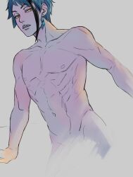 Rule 34 | 1boy, black hair, blue hair, clenched teeth, collarbone, commentary, completely nude, crystal earrings, earrings, hashtag-only commentary, highres, jade leech, jewelry, male focus, multicolored hair, nude, sharp teeth, solo, streaked hair, teeth, toned, toned male, twisted wonderland, two-tone hair, vasiliy-plumber, yellow eyes